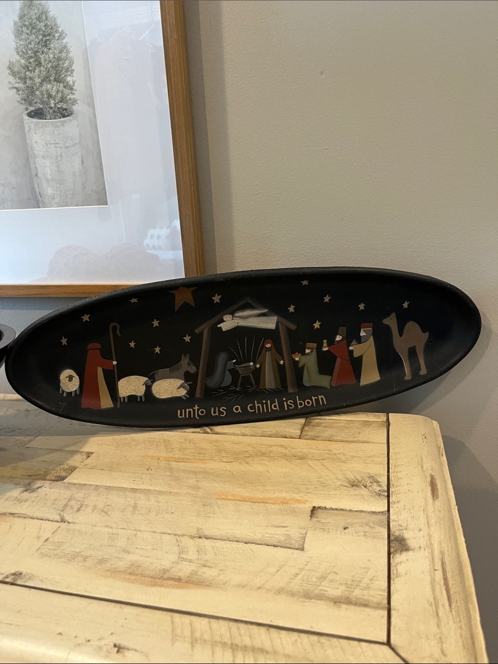 Black Oval Nativity Decor Tray - "unto us a child is born"